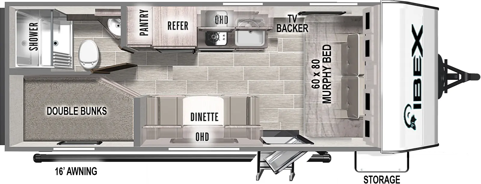 The 19BHEO has zero slideouts and one entry. Exterior features a front storage and 16 foot awning. Interior layout front to back: murphy bed with off-door side TV backer, and door side entry; off-door side kitchen counter with sink, cooktop, overhead cabinet, refrigerator, and pantry; door side dinette with overhead cabinet; rear off-door side full bathroom; rear door side double bunks.